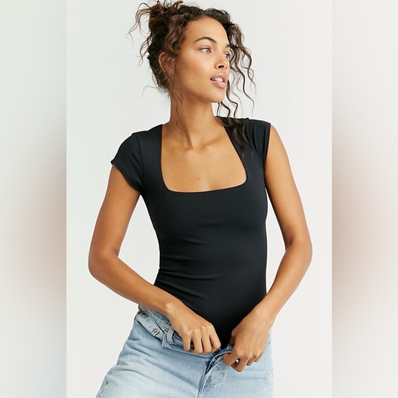 Free People Tops - Free People Intimately Black Square Neck Short Sleeve Bodysuit in Size Small